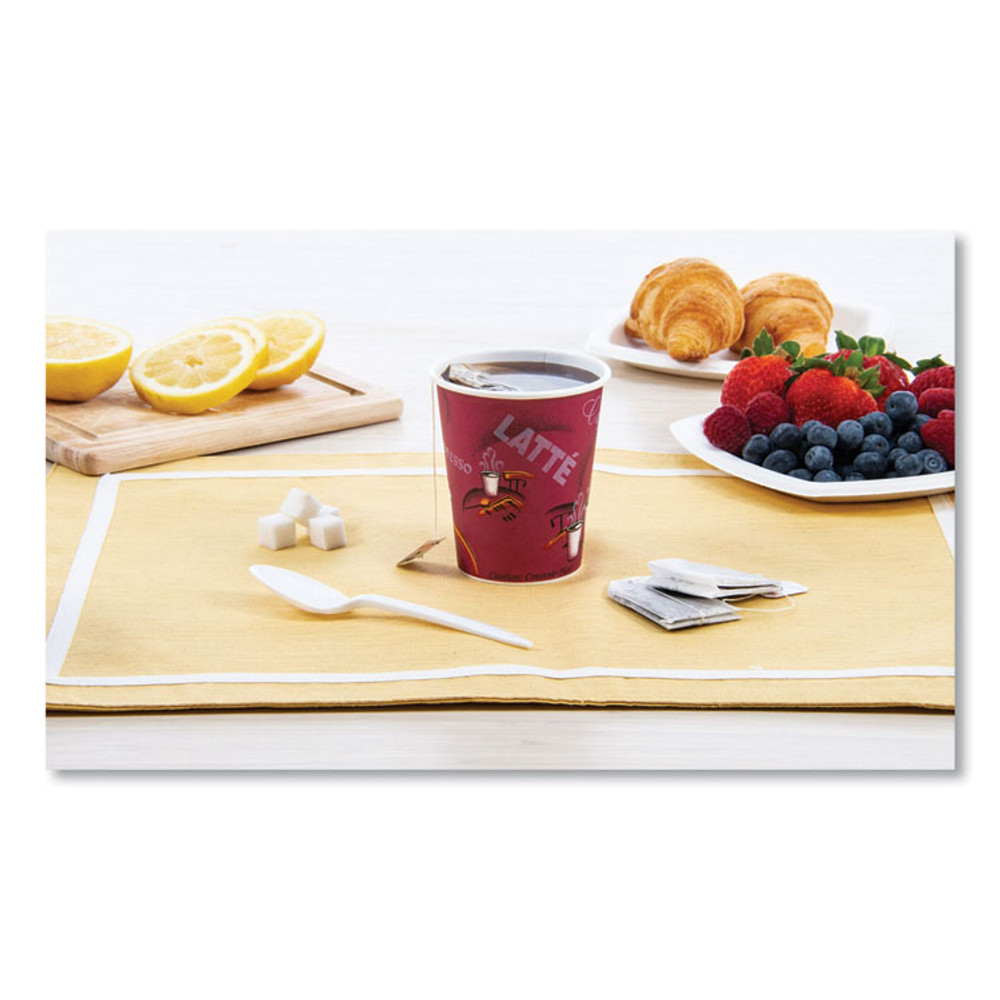 DART SOLO® 370SI Paper Hot Drink Cups in Bistro Design, 3.35" Diameter x 3.82" h, 10 oz, Maroon, 1,000/Carton