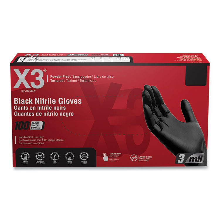 AMMEX CORPORATION X3® by BX346100 Industrial Nitrile Gloves, Powder-Free, Large, 3 mil Thick, 9.5" Long, Black, 100/Box, 10 Boxes/Carton