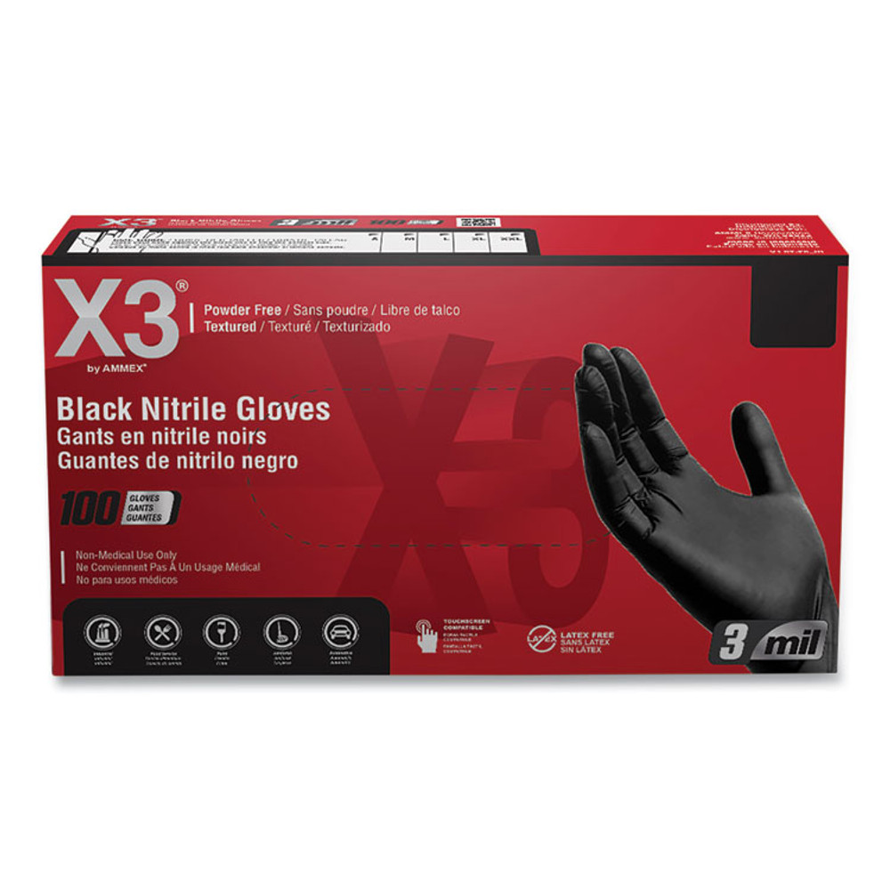 AMMEX CORPORATION X3® by BX346100 Industrial Nitrile Gloves, Powder-Free, 3 mil, Large, Black, 100/Box, 10 Boxes/Carton