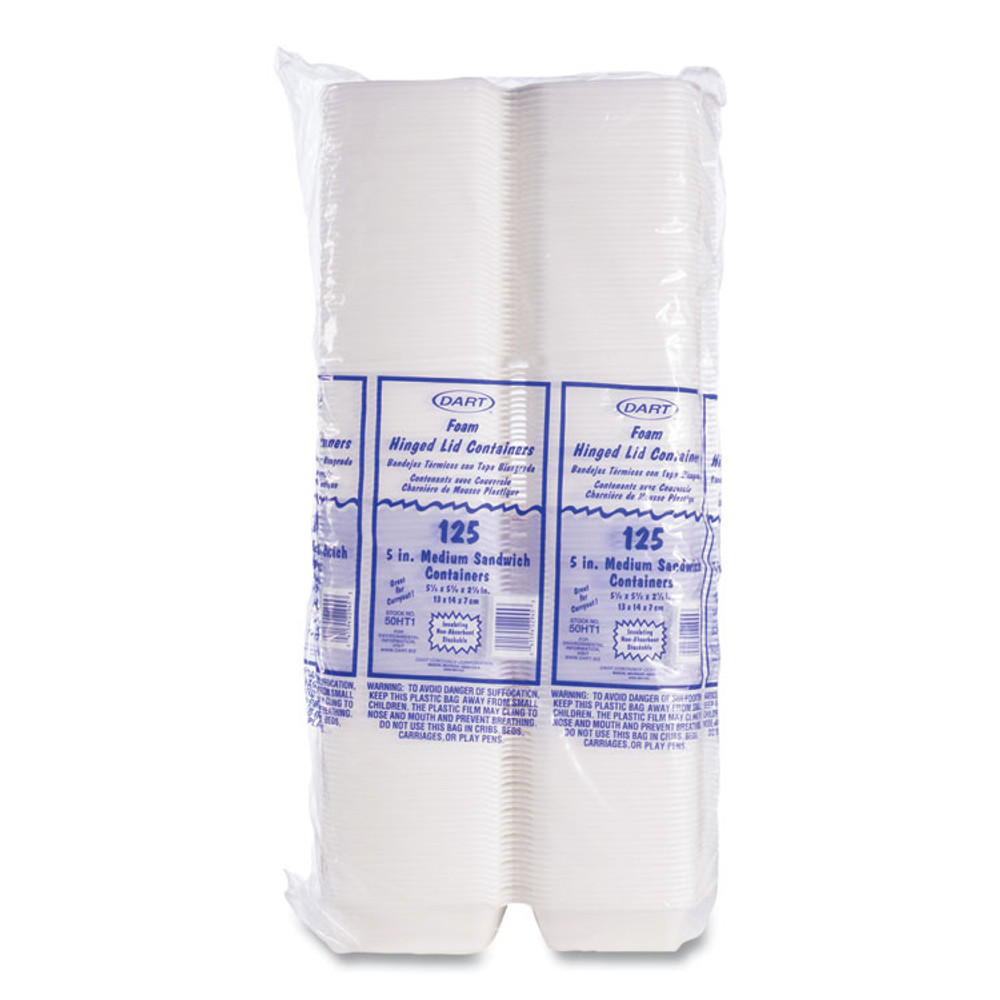 DART 50HT1 Foam Hinged Lid Containers, 5.38 x 5.5 x 2.88, White, 500/Carton
