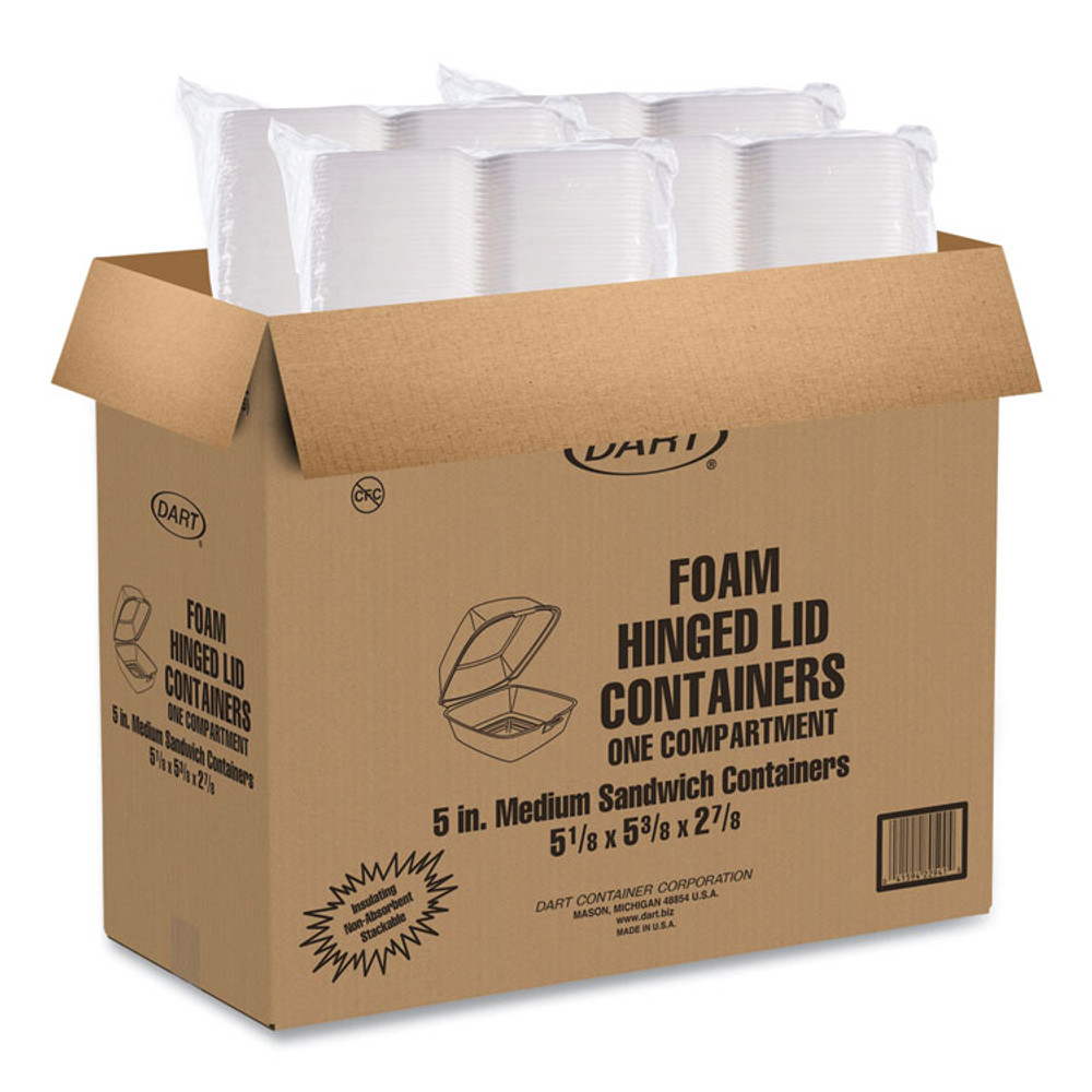 DART 50HT1 Foam Hinged Lid Containers, 5.38 x 5.5 x 2.88, White, 500/Carton