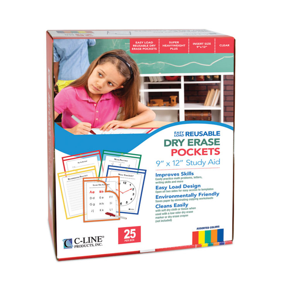 C-LINE PRODUCTS, INC 42620 Easy-Load Reusable Dry Erase Pockets, Super Heavy-Duty, Top Load 9 x 12 Insert, Clear Front, Assorted Border Colors, 25/Box