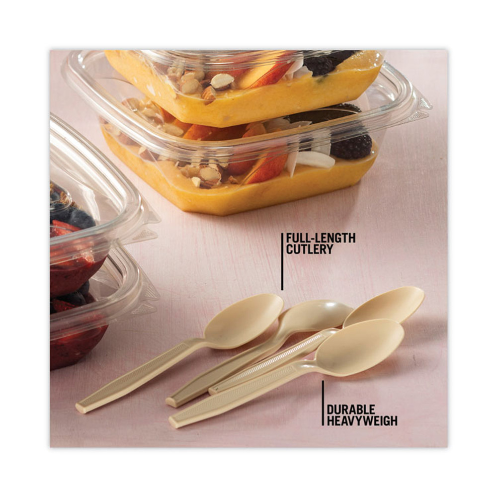PACTIV EVERGREEN CORPORATION YPSMSTEC EarthChoice PSM Cutlery, Heavyweight Spoon, Plastic, Tan, 1,000/Carton