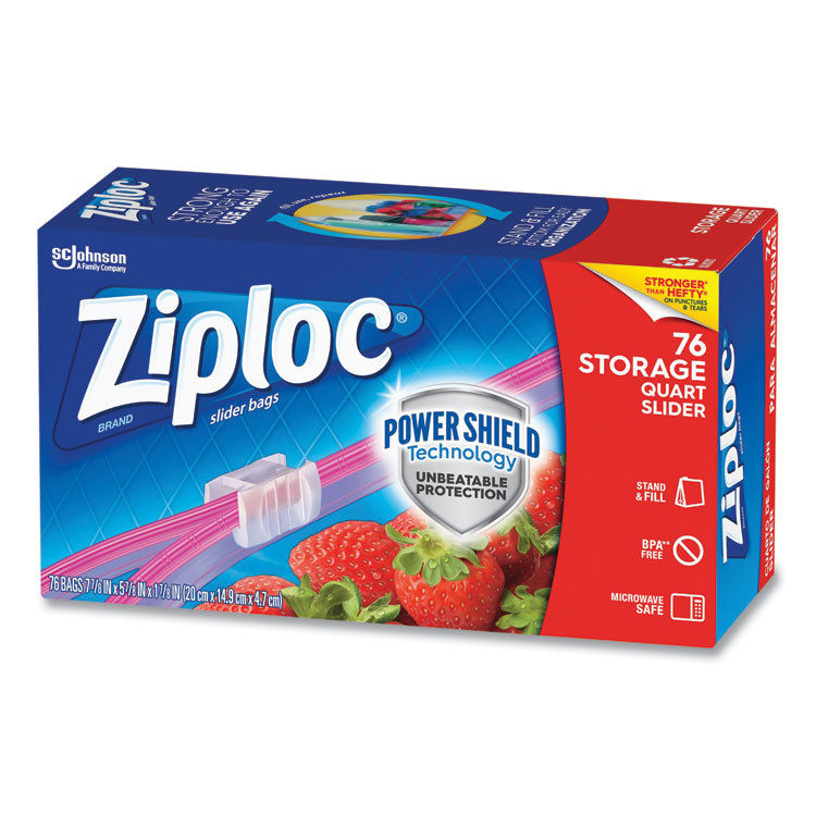 SC JOHNSON Ziploc® 316490 Slider Storage Bags, Quart, 5.88" x 1.88" x 7.88", Clear, 76 Bags/Box, 9 Boxes/Carton