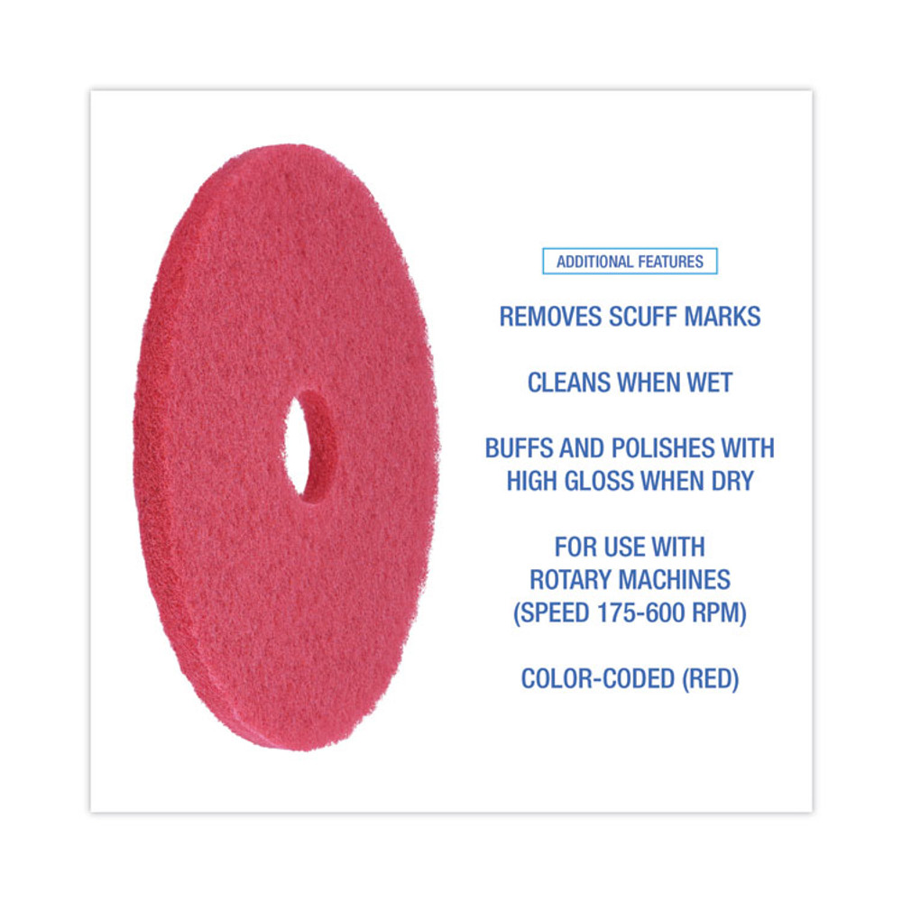 BOARDWALK 4018 RED Buffing Floor Pads, 18" Diameter, Red, 5/Carton