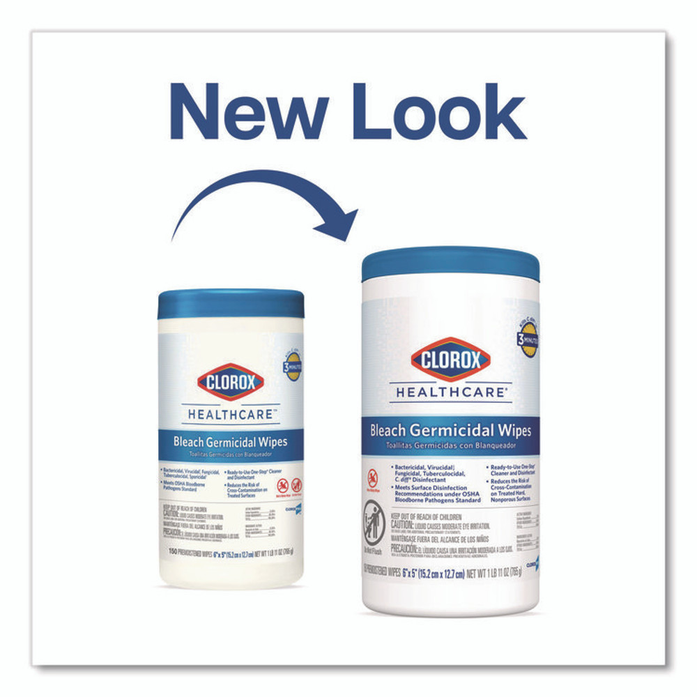 CLOROX SALES CO. Healthcare® 30577CT Bleach Germicidal Wipes, 1-Ply, 6 x 5, Unscented, White, 150/Canister, 6 Canisters/Carton