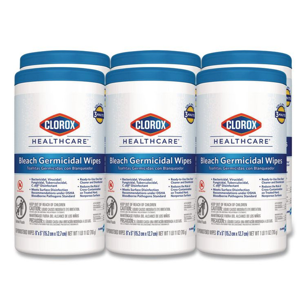 CLOROX SALES CO. Healthcare® 30577CT Bleach Germicidal Wipes, 1-Ply, 6 x 5, Unscented, White, 150/Canister, 6 Canisters/Carton
