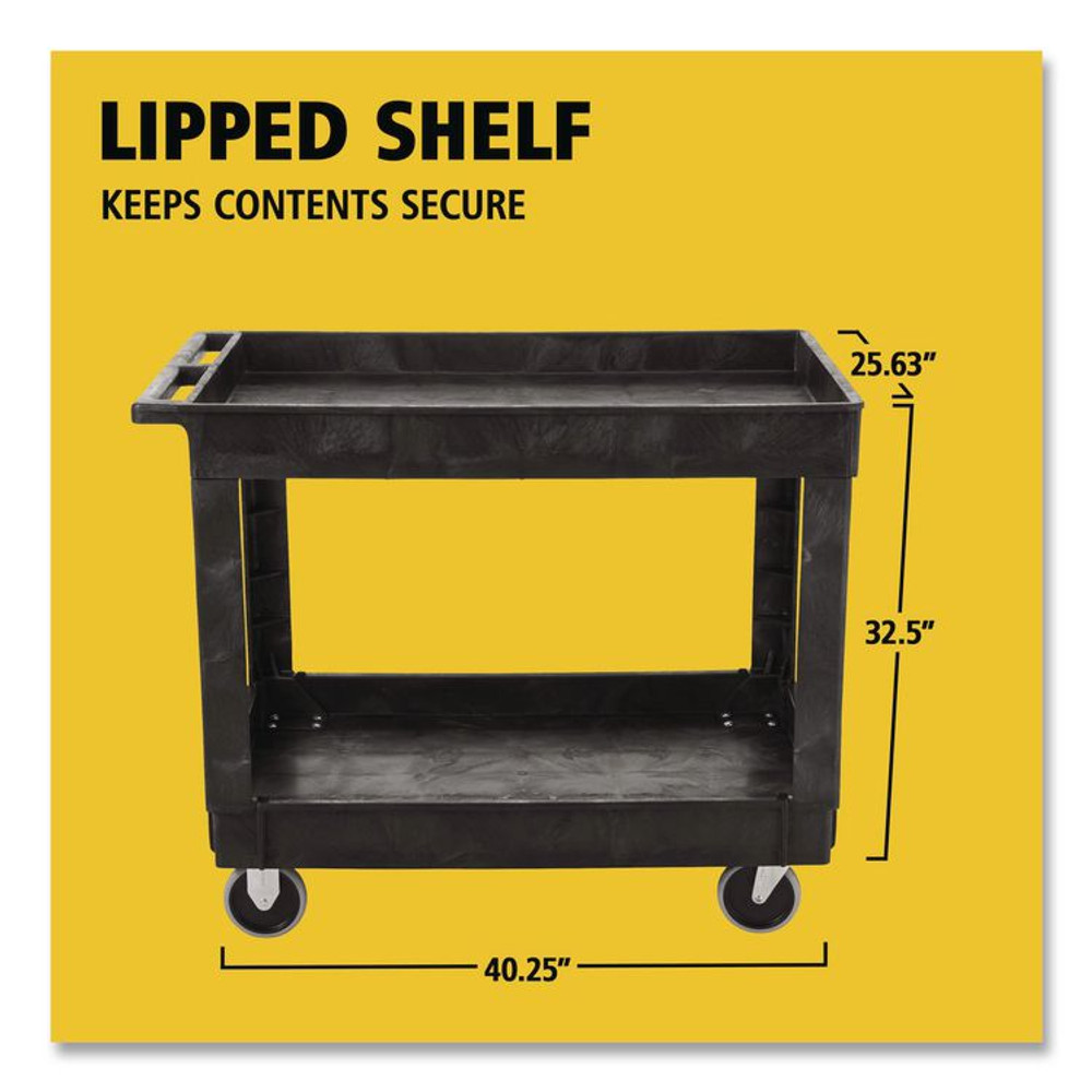 RUBBERMAID COMMERCIAL PROD. 9T6700BLA Heavy-Duty Flat-Handle Maintenance/Utility Cart, Plastic, 2 Shelves, 500 lb Capacity, 24" x 40" x 31.25", Black