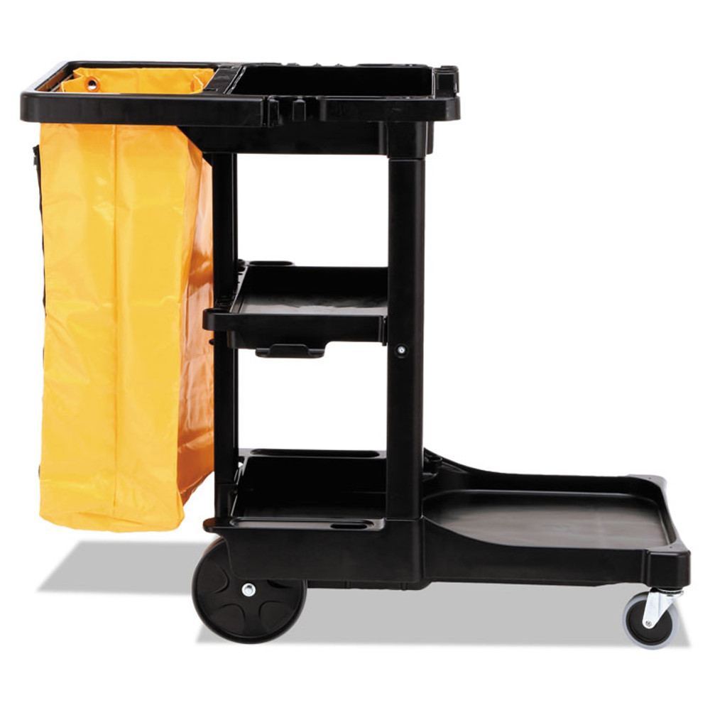 RUBBERMAID COMMERCIAL PROD. 617388BK Multi-Shelf Cleaning Cart, Plastic, 4 Shelves, 1 Bin, 20" x 45" x 38.25", Black