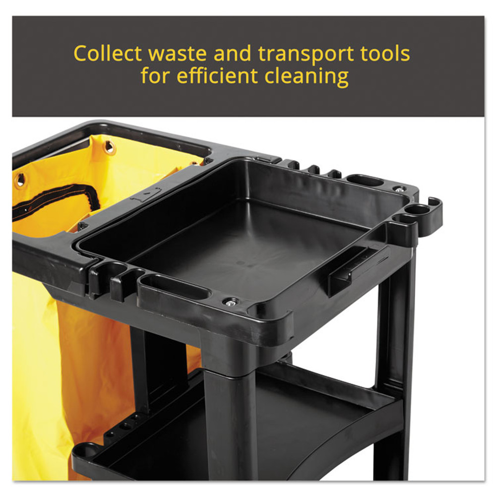RUBBERMAID COMMERCIAL PROD. 617388BK Multi-Shelf Cleaning Cart, Plastic, 4 Shelves, 1 Bin, 20" x 45" x 38.25", Black