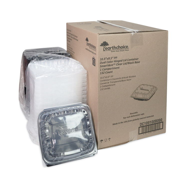 PACTIV EVERGREEN CORPORATION DC109100B000 EarthChoice Vented Dual Color Microwavable Hinged Lid Container, 66 oz, 10.5 x 9.5 x 3.1, Black/Clear, Plastic, 132/Carton