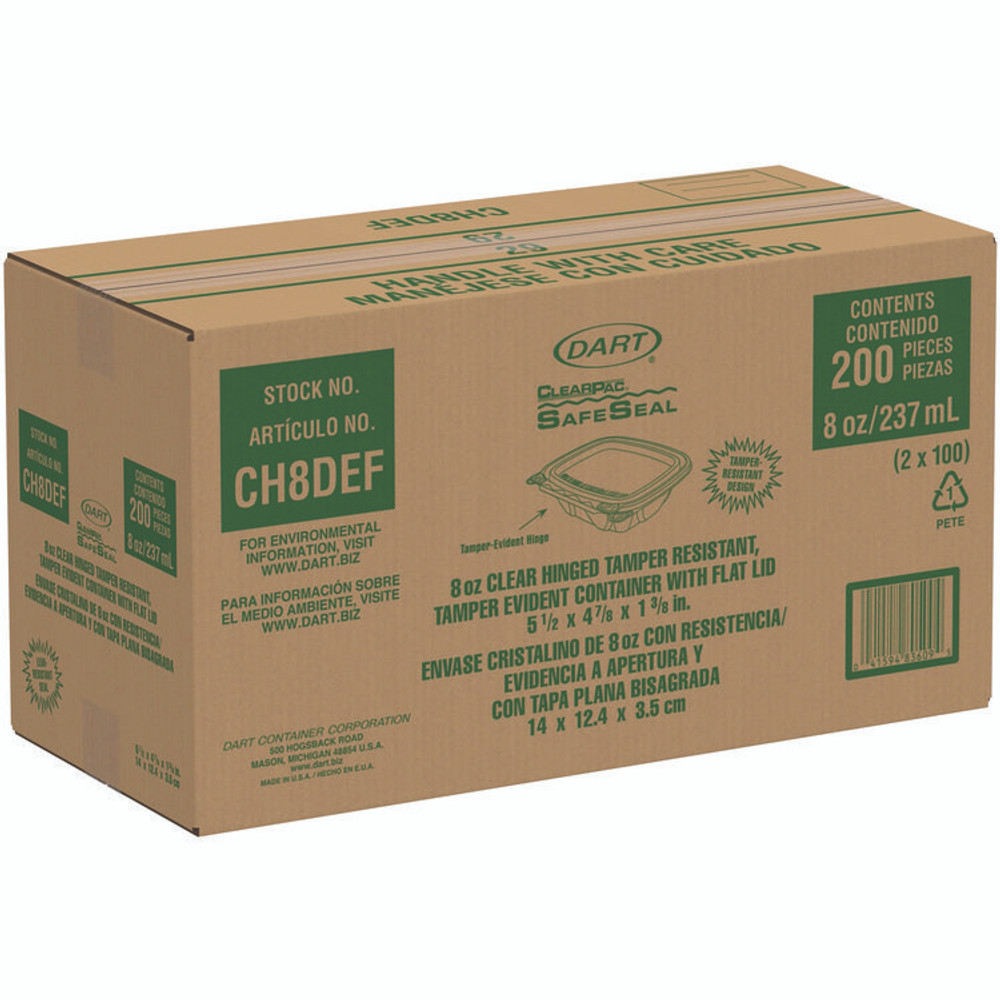 DART CH8DEF ClearPac SafeSeal Tamper-Resistant/Evident Containers, Flat Lid, 8 oz, Clear, Plastic, 100/Bag, 2 Bags/Carton