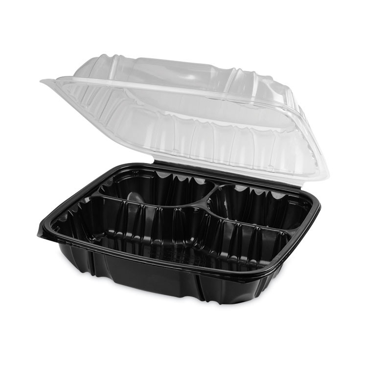 PACTIV EVERGREEN CORPORATION DC109310B000 EarthChoice Vented Dual Color Microwavable Hinged Lid Container, 3 Compartments, 54 oz, Black/Clear, Plastic, 132/Carton
