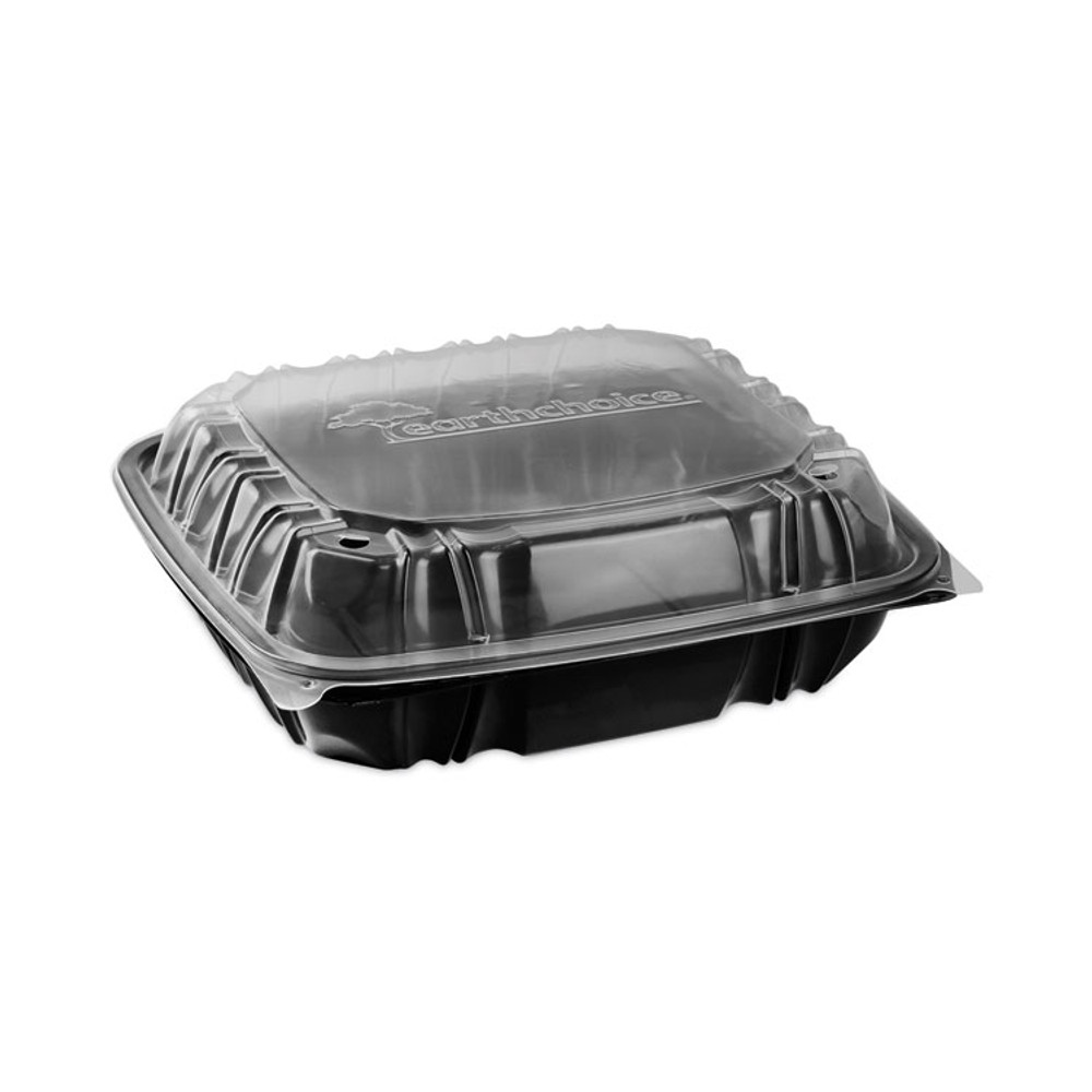 PACTIV EVERGREEN CORPORATION DC109310B000 EarthChoice Vented Dual Color Microwavable Hinged Lid Container, 3 Compartments, 34 oz, Black/Clear, Plastic, 132/Carton