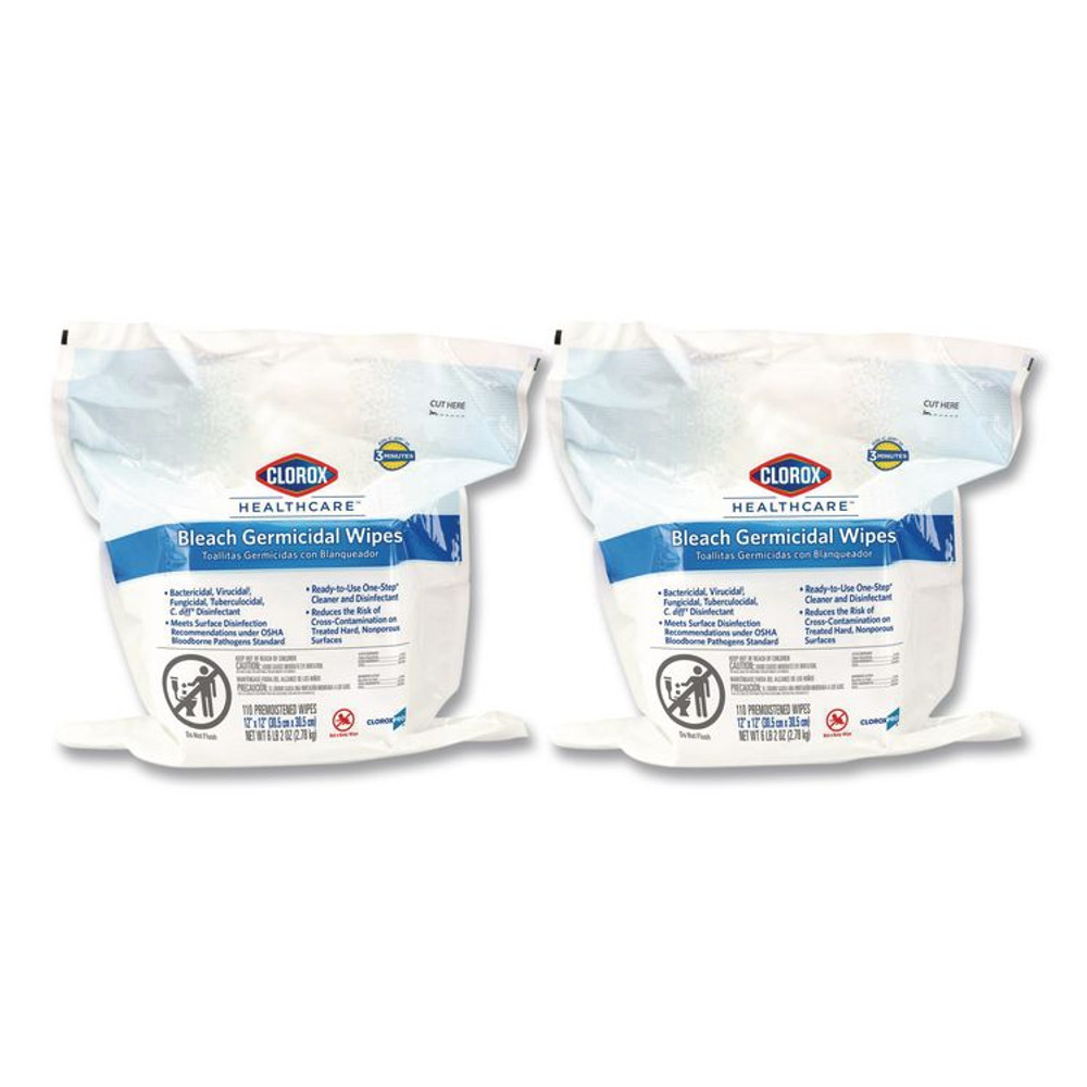 CLOROX SALES CO. Healthcare® 30359CT Bleach Germicidal Wipes, 1-Ply, 12 x 12, Unscented, White, 110/Refill, 2 Refills/Carton