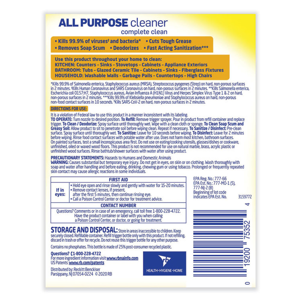 RECKITT BENCKISER LYSOL® Brand 75352EA Ready-to-Use All-Purpose Cleaner, Lemon Breeze, 32 oz Spray Bottle