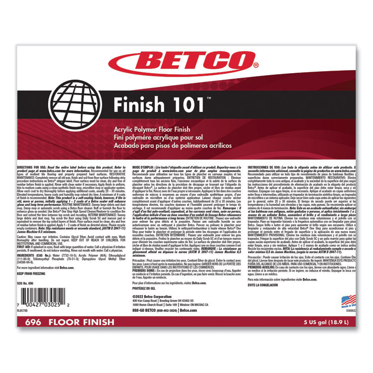 BETCO CORPORATION 696B500 Finish 101 Floor Finish, 5 gal Bag-in-Box