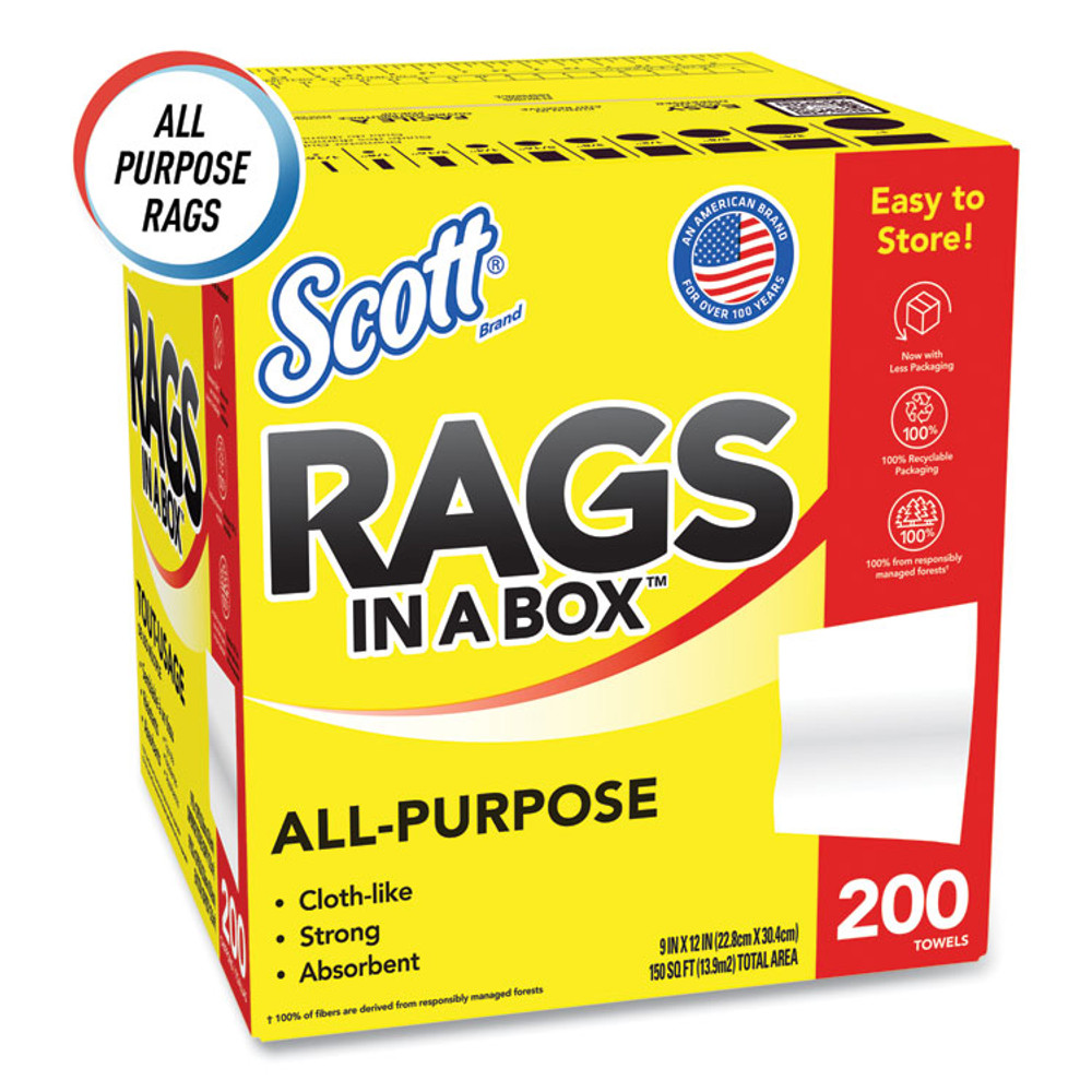 KIMBERLY-CLARK PROFESSIONAL Scott® 75260 Rags in a Box, POP-UP Box, 12 x 9, White, 200/Box