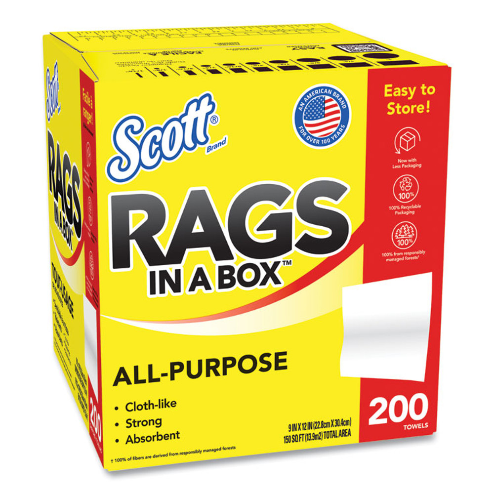KIMBERLY-CLARK PROFESSIONAL Scott® 75260 Rags in a Box, POP-UP Box, 12 x 9, White, 200/Box