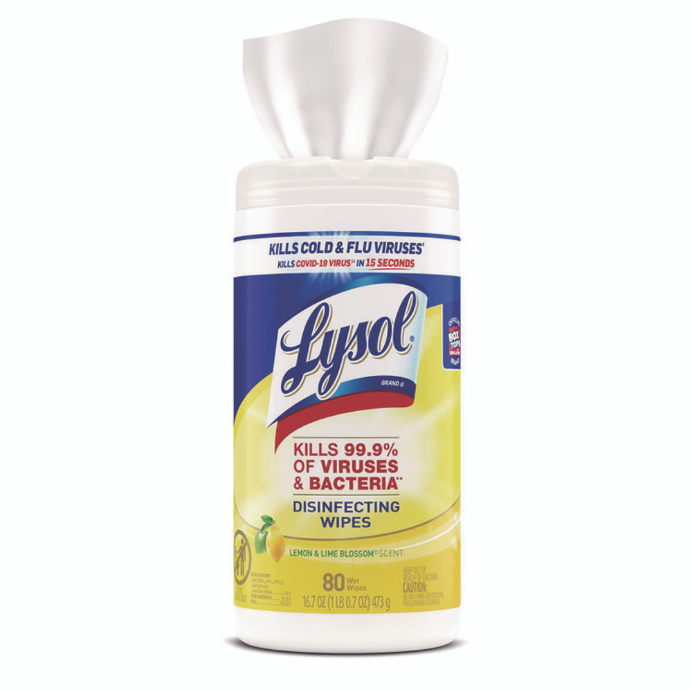 RECKITT BENCKISER LYSOL® Brand 77182CT Disinfecting Wipes, 1-Ply, 7 x 7.25, Lemon and Lime Blossom, White, 80 Wipes/Canister, 6 Canisters/Carton