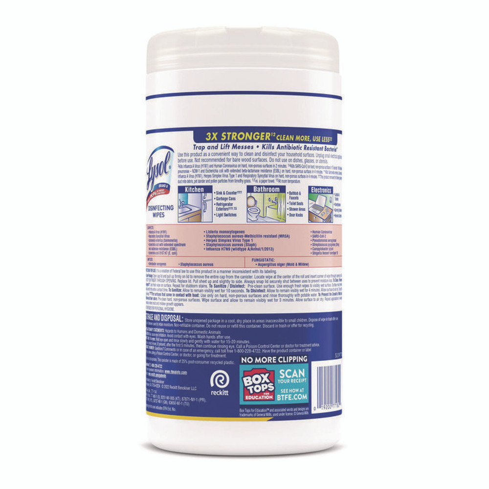 RECKITT BENCKISER LYSOL® Brand 77182CT Disinfecting Wipes, 1-Ply, 7 x 7.25, Lemon and Lime Blossom, White, 80 Wipes/Canister, 6 Canisters/Carton