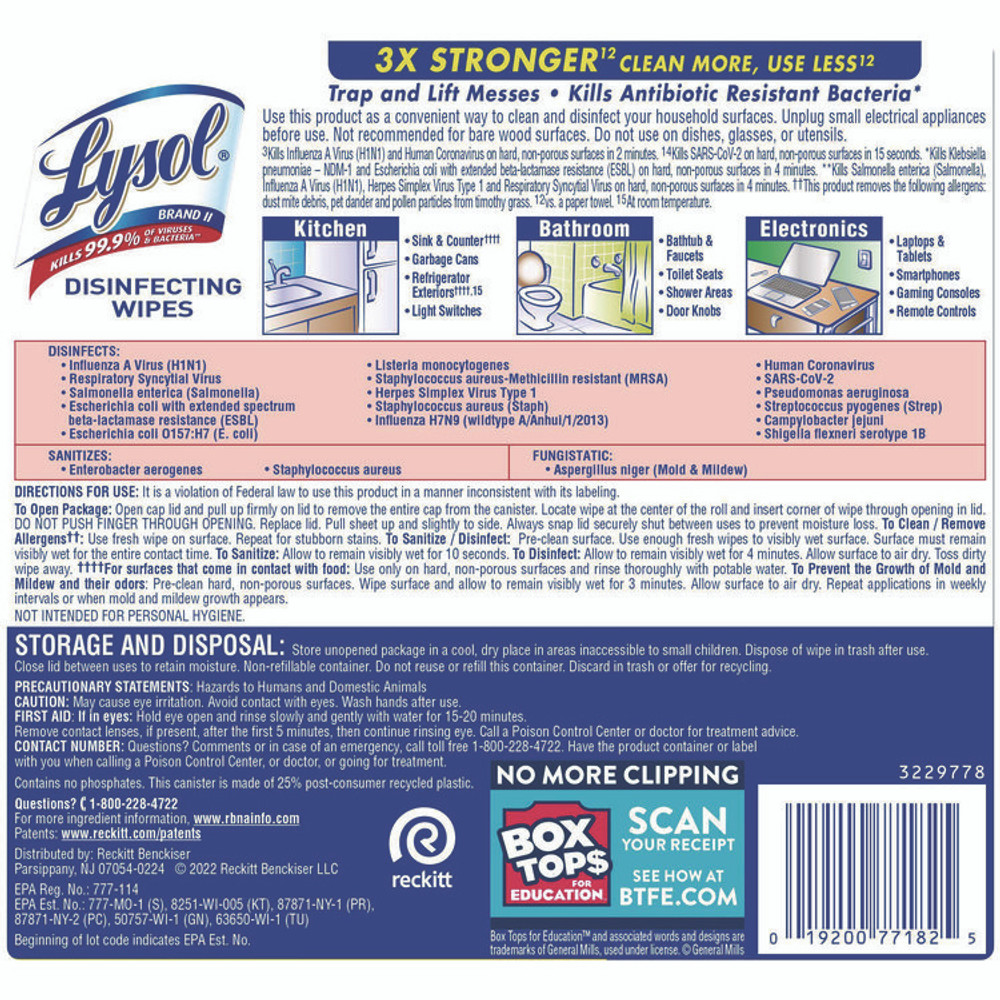 RECKITT BENCKISER LYSOL® Brand 77182CT Disinfecting Wipes, 1-Ply, 7 x 7.25, Lemon and Lime Blossom, White, 80 Wipes/Canister, 6 Canisters/Carton