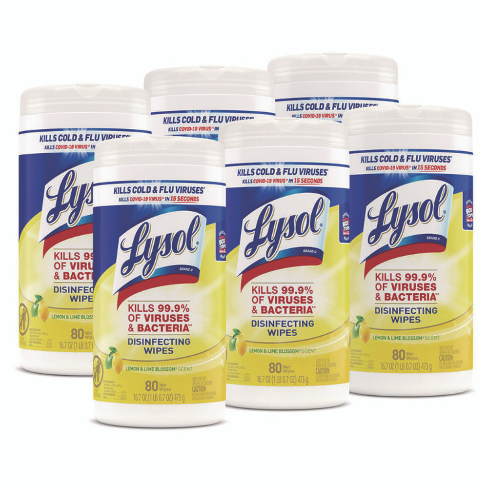 RECKITT BENCKISER LYSOL® Brand 77182CT Disinfecting Wipes, 1-Ply, 7 x 7.25, Lemon and Lime Blossom, White, 80 Wipes/Canister, 6 Canisters/Carton