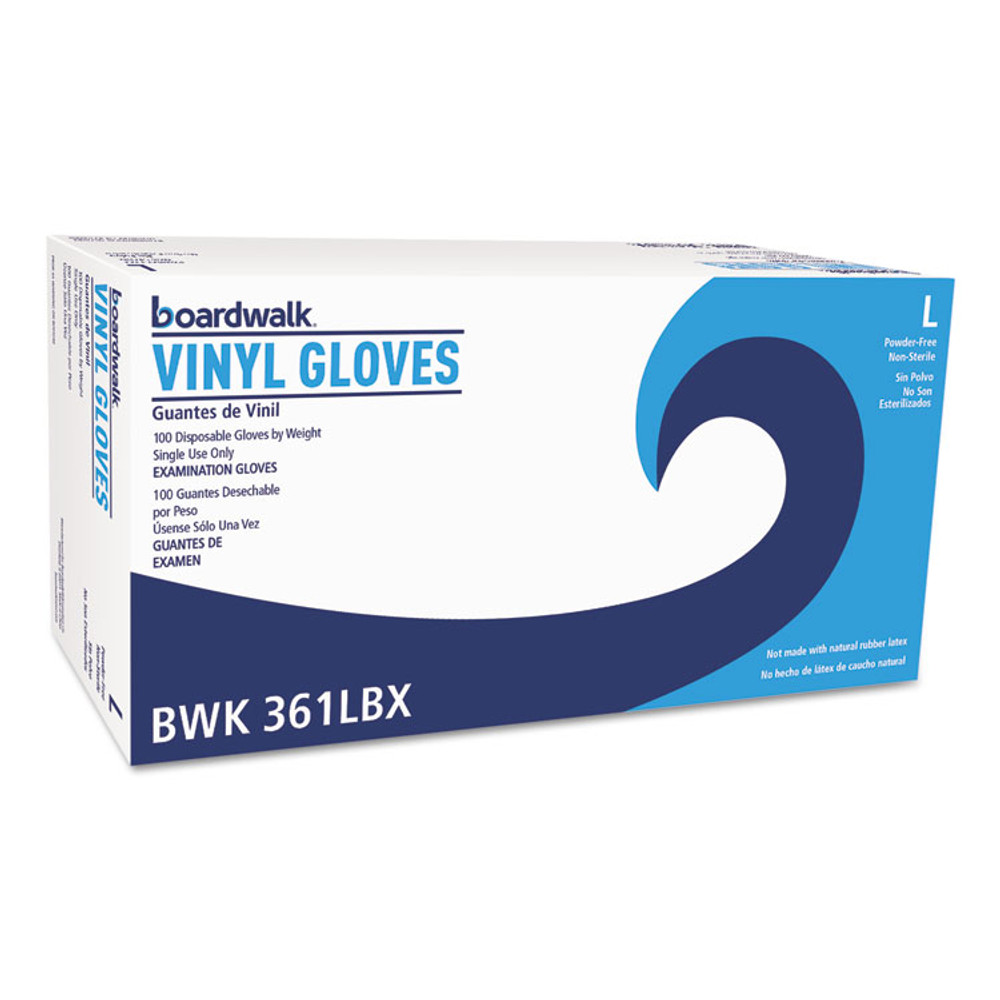 BOARDWALK 361LCT Exam Vinyl Gloves, Clear, Large, 3 3/5 mil, 100/Box, 10 Boxes/Carton