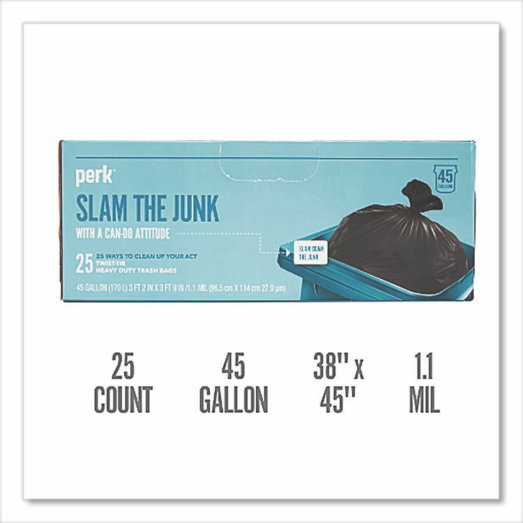 PERK 24377877 Twist-Tie Heavy-Duty Trash Bags, Open-Face, 45 gal, 1.1 mil, 45" x 38", Black, 25/Box