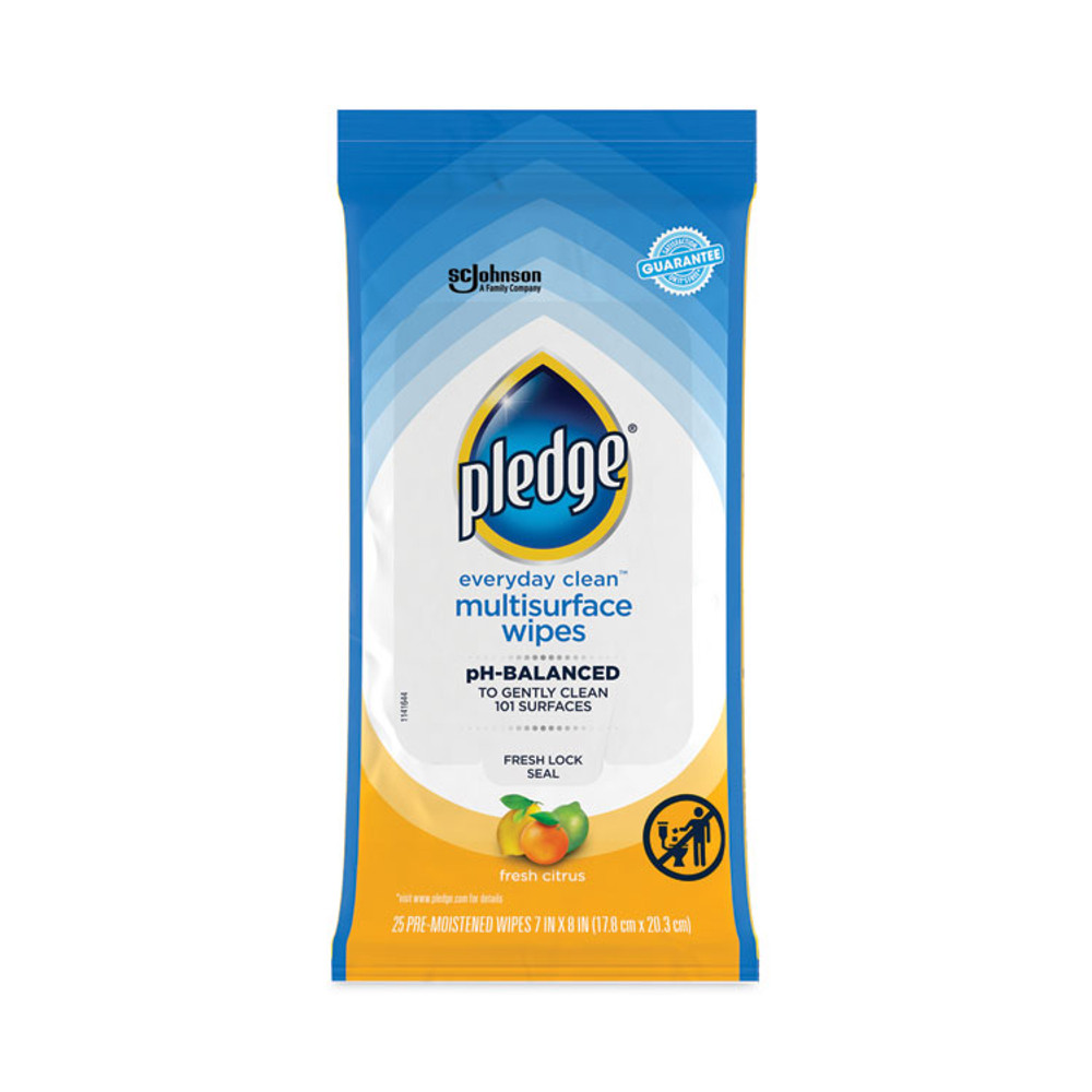 SC JOHNSON Pledge® 336274EA Multi-Surface Cleaner Wet Wipes, Cloth, 7 x 10, Fresh Citrus, White, 25 Wipes