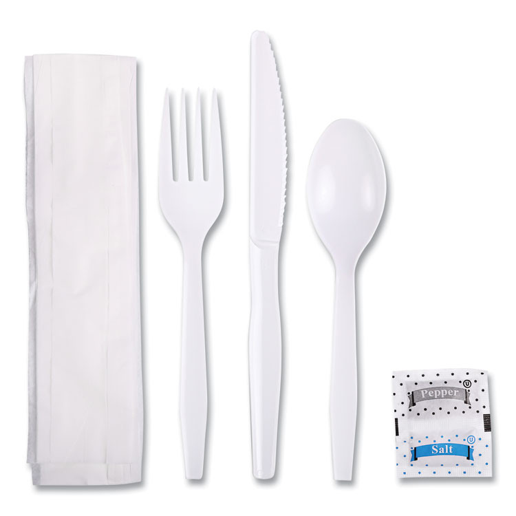 BOARDWALK FKTNSMWPSWH Six-Piece Cutlery Kit, Mediumweight, Fork/Knife/Napkin/Pepper/Salt/Spoon, Plastic, White, 250/Carton