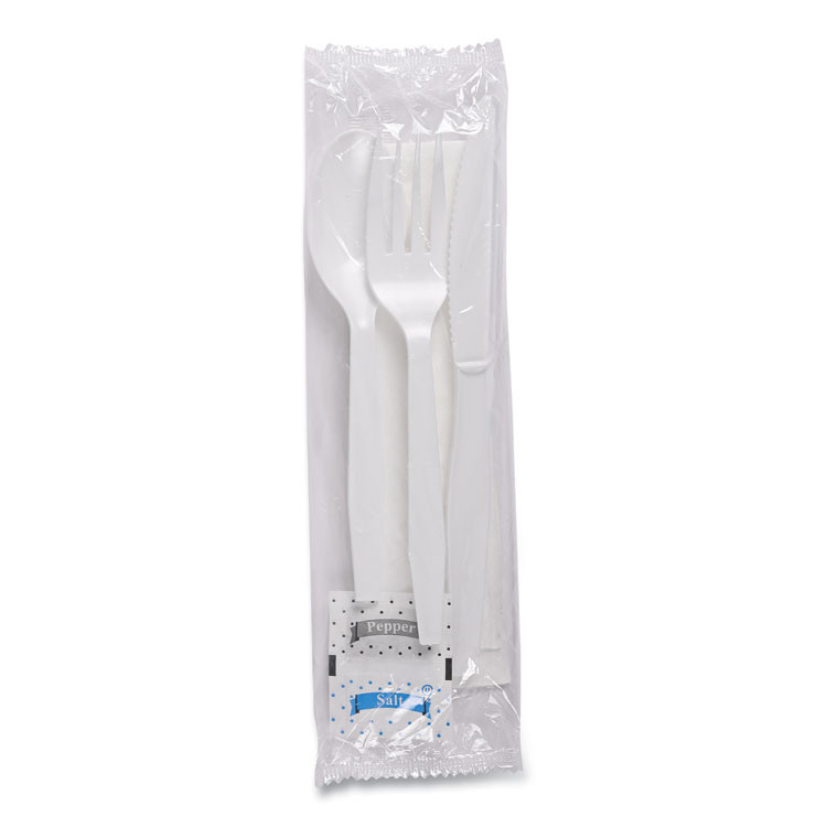 BOARDWALK FKTNSMWPSWH Six-Piece Cutlery Kit, Mediumweight, Fork/Knife/Napkin/Pepper/Salt/Spoon, Plastic, White, 250/Carton