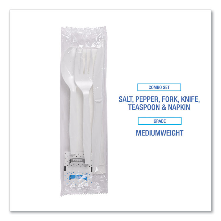 BOARDWALK FKTNSMWPSWH Six-Piece Cutlery Kit, Mediumweight, Fork/Knife/Napkin/Pepper/Salt/Spoon, Plastic, White, 250/Carton