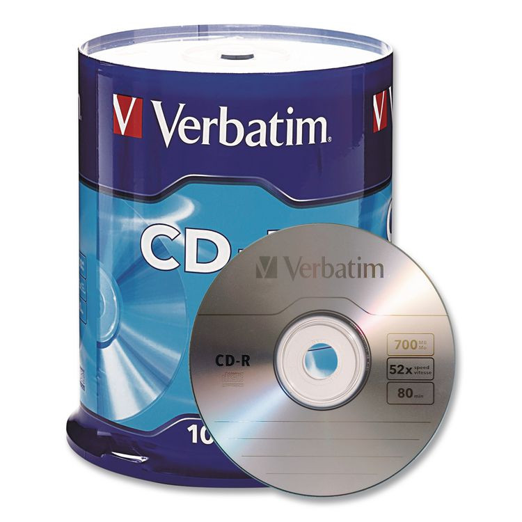 VERBATIM CORPORATION 94554 CD-R Recordable Disc, 700 MB/80 min, 52x, Spindle, Silver, 100/Pack