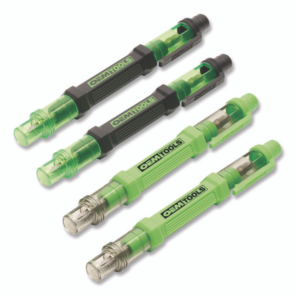 GREAT NECK SAW MFG. OEMTOOLS® 22537 6-Way Pen-Style Screw/Nut Driver, Phillips/Slotted Bits, Metric Sockets, 5.38" Long, Black/Green, Green/Clear, 4/Pack