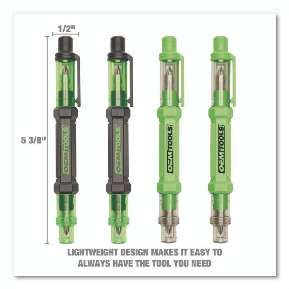 GREAT NECK SAW MFG. OEMTOOLS® 22537 6-Way Pen-Style Screw/Nut Driver, Phillips/Slotted Bits, Metric Sockets, 5.38" Long, Black/Green, Green/Clear, 4/Pack