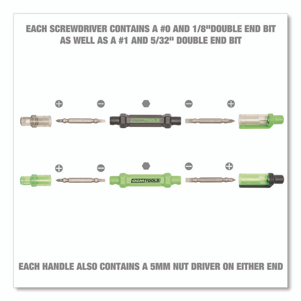 GREAT NECK SAW MFG. OEMTOOLS® 22537 6-Way Pen-Style Screw/Nut Driver, Phillips/Slotted Bits, Metric Sockets, 5.38" Long, Black/Green, Green/Clear, 4/Pack