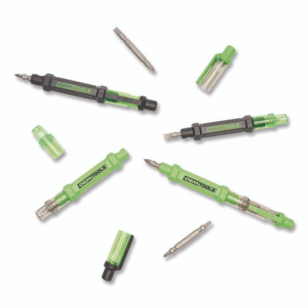GREAT NECK SAW MFG. OEMTOOLS® 22537 6-Way Pen-Style Screw/Nut Driver, Phillips/Slotted Bits, Metric Sockets, 5.38" Long, Black/Green, Green/Clear, 4/Pack