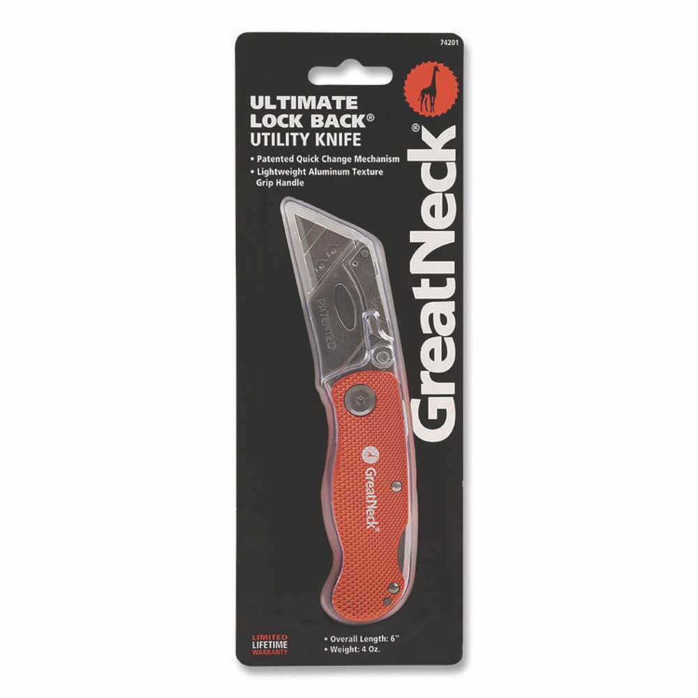 GREAT NECK SAW MFG. 74201 Quick Change Lock Back Utility Knife, 3.5" Aluminum Handle, Orange