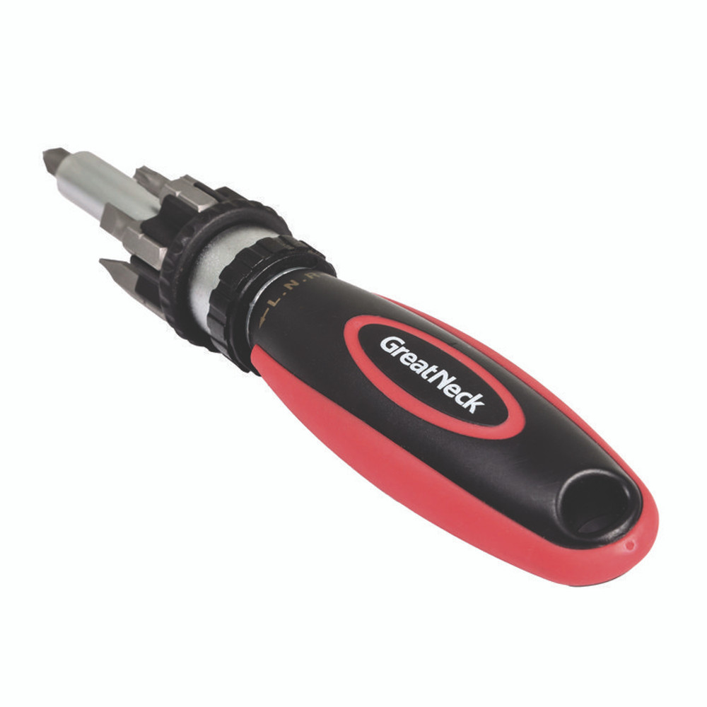 GREAT NECK SAW MFG. 950DE Ratcheting Screw/Nut Driver Set, Phillips/Slotted/Star Bits, 7" Long, Black/Red