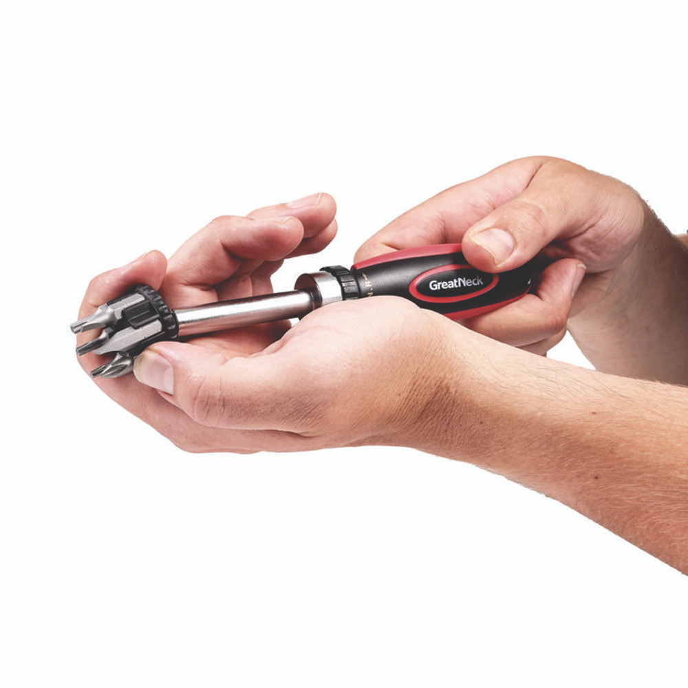 GREAT NECK SAW MFG. 950DE Ratcheting Screw/Nut Driver Set, Phillips/Slotted/Star Bits, 7" Long, Black/Red