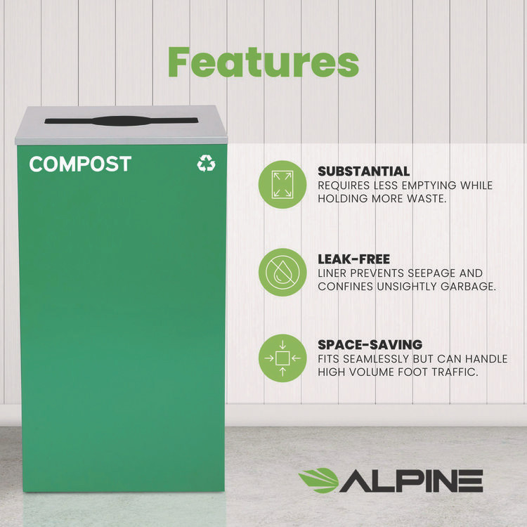 ALPINE INDUSTRIES 4450KITGRNMC 29 Gallon Trash/Recycling Cans, Steel, Green Compost Can with Mixed Lid