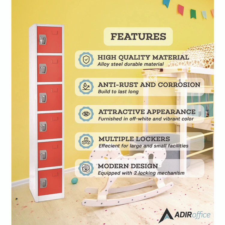 ADIROFFICE I629206RED Steel Storage Locker, 6 Compartment, 12 x 12 x 72, Red