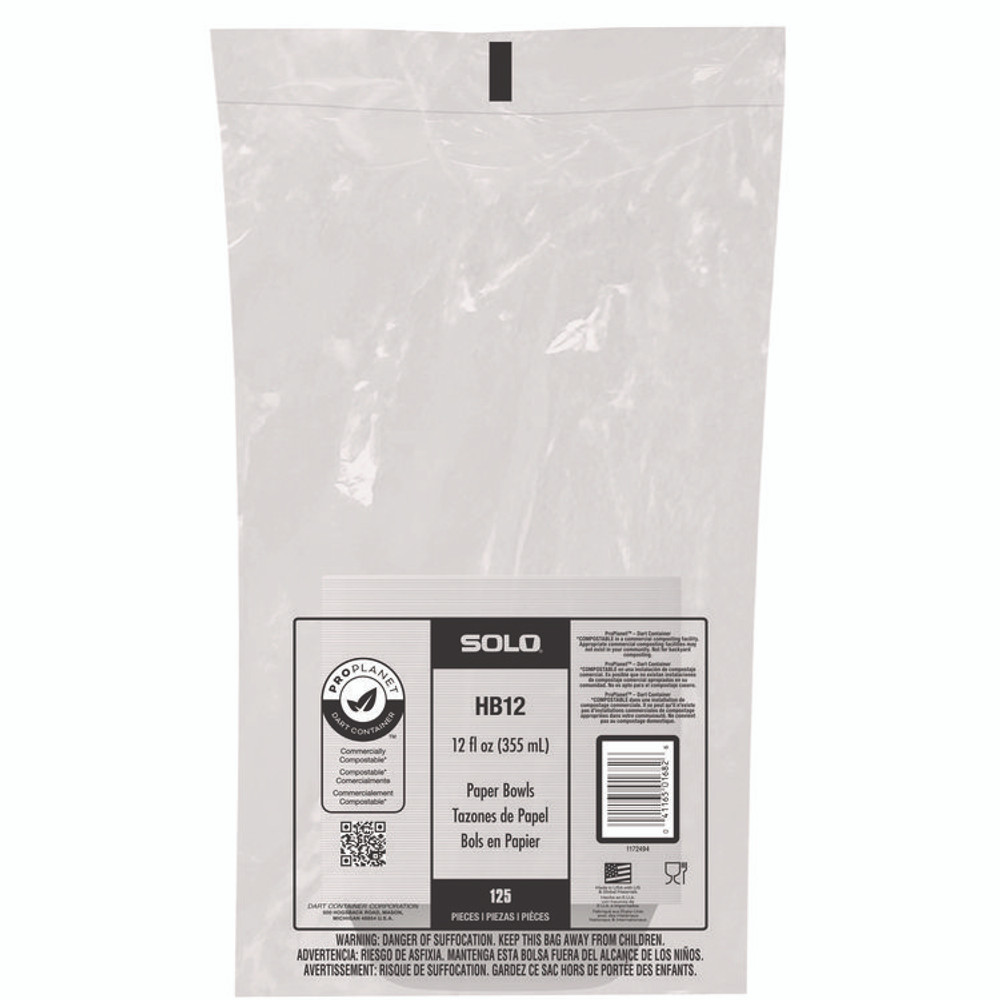 DART SOLO® HB12PLANETPK Compostable Paper Dinnerware, ProPlanet Seal, Bowl, 12 oz, White, 125/Pack