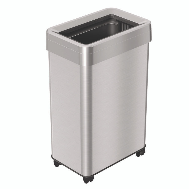 HLS COMMERCIAL HLS16UOTM Open Top Trash Can with Wheels, Rectangular, 16 gal, Plastic/Stainless Steel, Silver