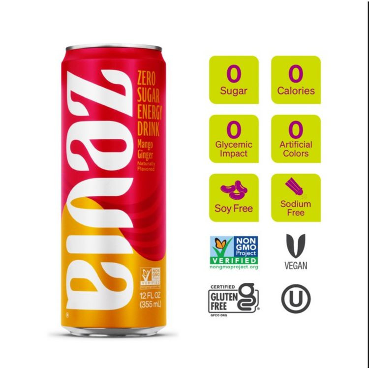 ZEVIA PBC 0195112 Zero Sugar Naturally Sweetened Energy Drink, Mango Ginger, 12 oz Can, 12/Carton