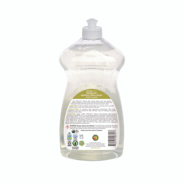 EARTH FRIENDLY PRODUCTS ECOS® PL97216CT Dishmate Manual Dish Liquid, Free and Clear, 25 oz Squeeze Bottle, 6/Carton