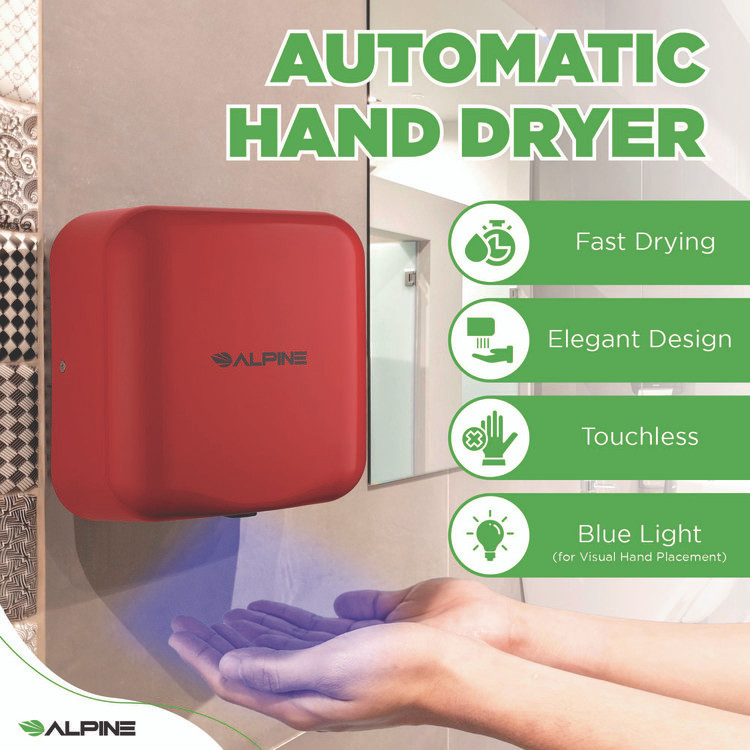 ALPINE INDUSTRIES ALP40010RED Hemlock Commercial Automatic 120V Hand Dryer, 6.68 x 11.41 x 12.31, Red