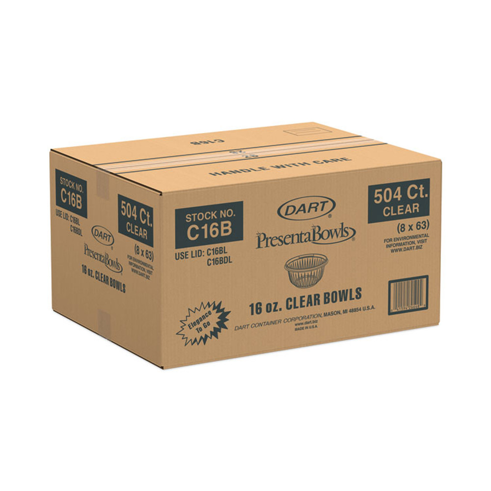 DART C16B PresentaBowls Clear Bowls, 16 oz, Plastic, 63/Bag, 8 Bags/Carton, 504 Bowls/Carton