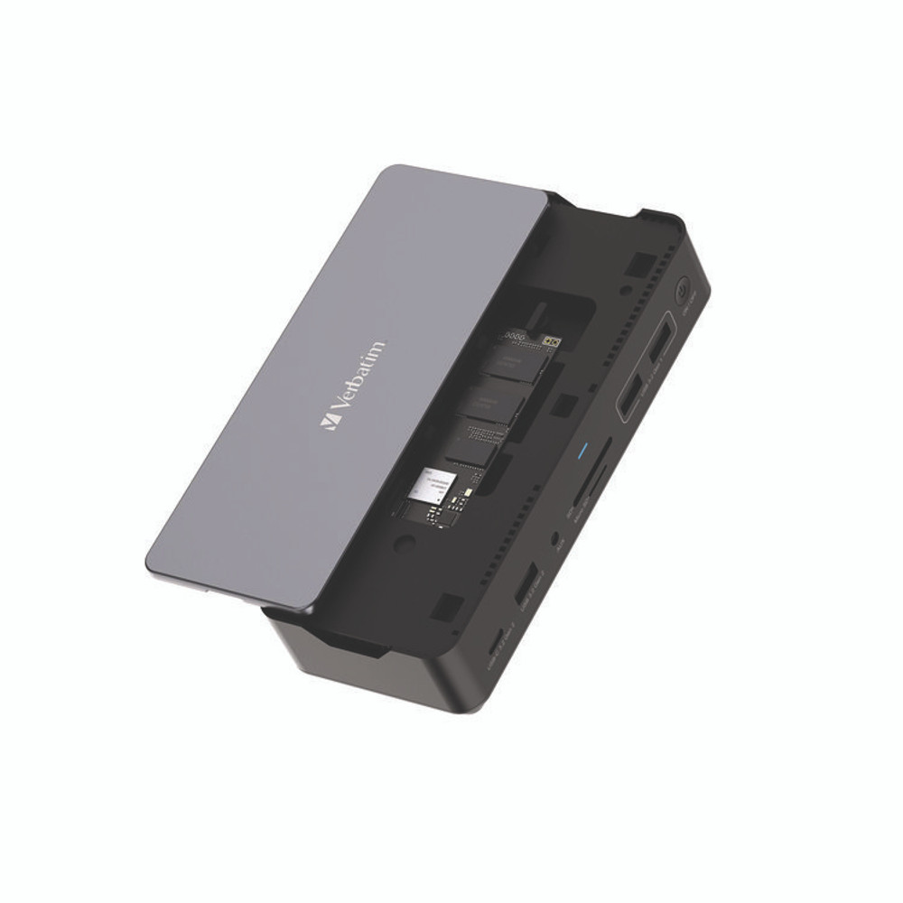 VERBATIM CORPORATION 32173 USB-C Pro Docking Station 15-in-1 SSD Enclosure, Audio/DisplayPort/HDMI/Micro SD/NVMe/RJ45/SD/USB-A/USB-C/SATA, Gray